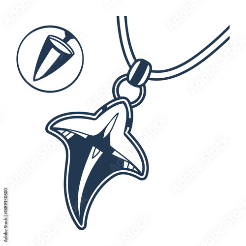 Shark Tooth Necklace Pendant Vector Icon - Minimal Nautical Jewelry Line Art Illustration Monochrome