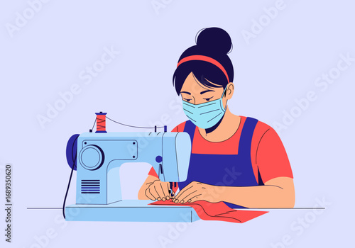 A skilled artisan diligently operating a sewing machine to craft intricate garments with focused precision and care