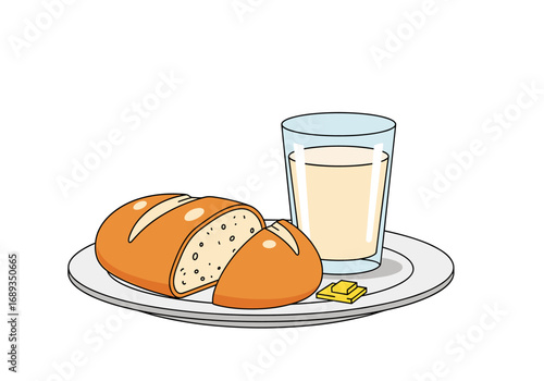 A simple breakfast plate with bread milk and butter for a healthy start