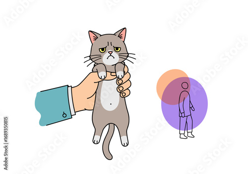 Human hand firmly holds a grumpy cat while a blurry person stands nearby in the background