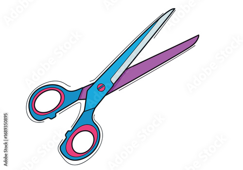 A pair of open scissors featuring bright blue blades and purple and blue handles awaiting a task