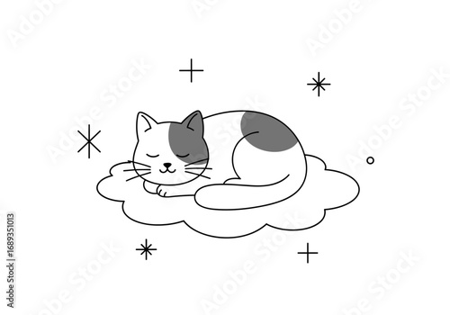 Peaceful sleeping cat resting comfortably on a fluffy cloud surrounded by twinkling stars and sparkles