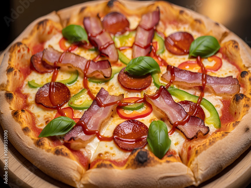 Pepperoni pizza with bacon on wooden platter in restaurant setting. Pizza is served with basil leaf and tasty slices on top, pepperoni pizza makes delicious, filling meal.