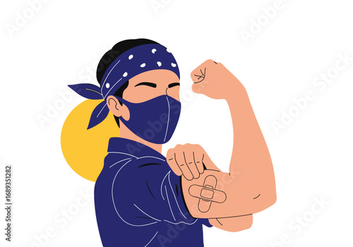 This is a powerful image of a person wearing a mask and showing off their bicep with a bandage on their arm