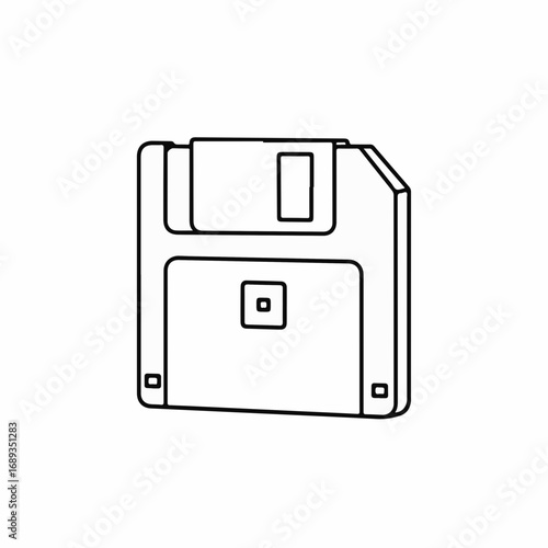 Outlined floppy disk image in black and white showing retro tech. Floppy disk for data, retro style, and obsolete technology presented with minimalist outlines. Floppy disk as icon to evoke nostalgia,