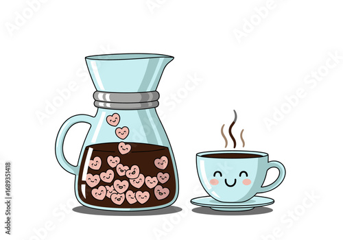 Kawaii coffee maker and cup filled with heart shaped treats enjoying a warm morning beverage
