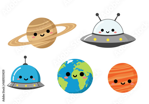 Cute cartoon space adventure with planets aliens and flying saucers exploring the galaxy