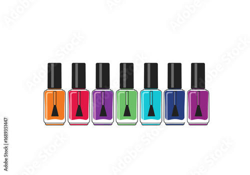 Collection of beautifully colored nail polish bottles arranged neatly on a white background