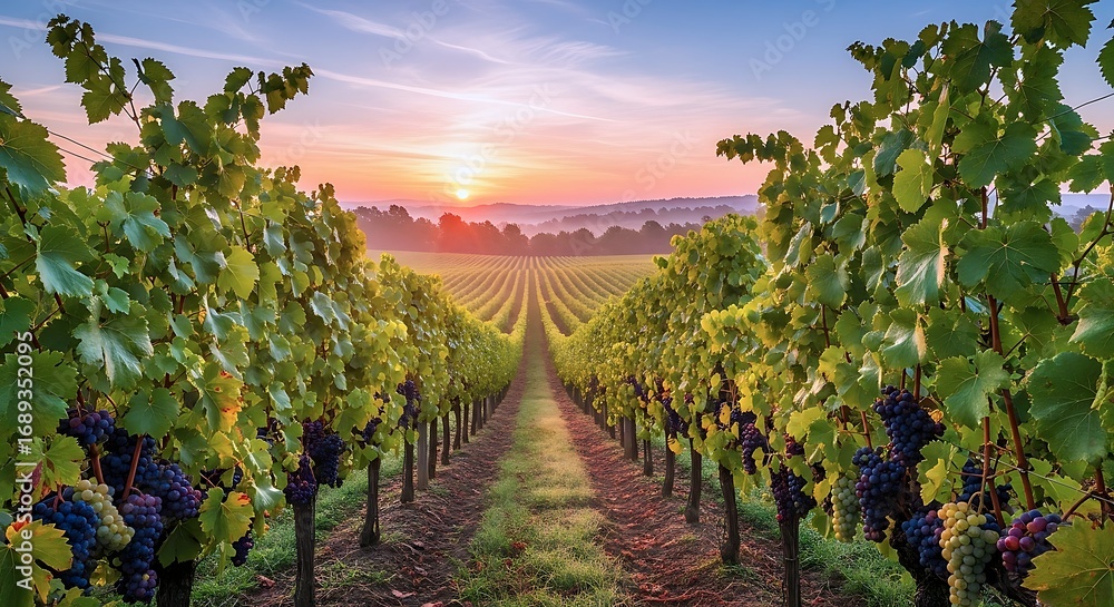 Naklejka premium A Vibrant Sunrise Illuminates A Lush Vineyard Field With Rows Of Ripe Grapes And Rolling Hills Under A Colorful Sky, Evoking Serenity And Abundance.