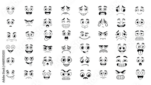 Collection of Cartoon Smile and Expression Faces Line Art