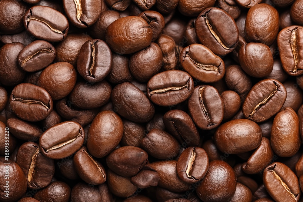 Fototapeta premium A Close-Up View of Freshly Roasted Coffee Beans Showcasing Their Rich, Dark Brown Hue and Distinctive Textures for Coffee Enthusiasts and Baristas Alike