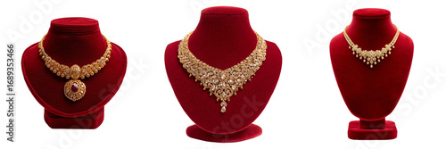 Set of Gold plated party wear necklace set with matching earrings on transparent png background. Ai generated