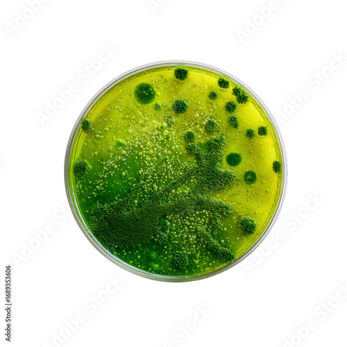 Microscopic Green Algae Culture in Petri Dish, Top View