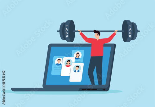 Flat illustration of remote worker lifting heavy weights labeled business tasks inside virtual workspace to represent productivity and workload management