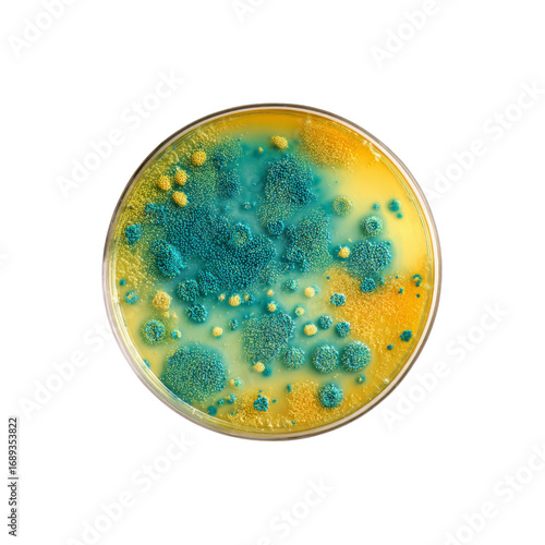 Microscopic View of Bacterial Colonies on Agar Plate Teal and Yellow Growth
