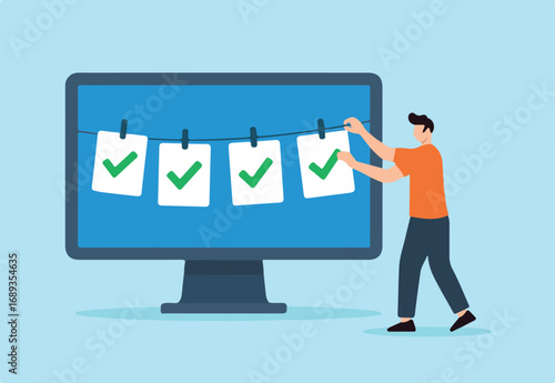 Flat illustration of freelancer hanging completed checkmarks on digital clothesline to symbolize task tracking and remote productivity