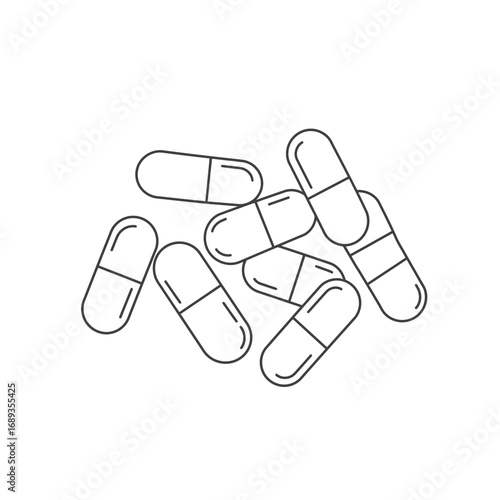 Scattered Gray Line Drawing of Medical Capsules on White Background