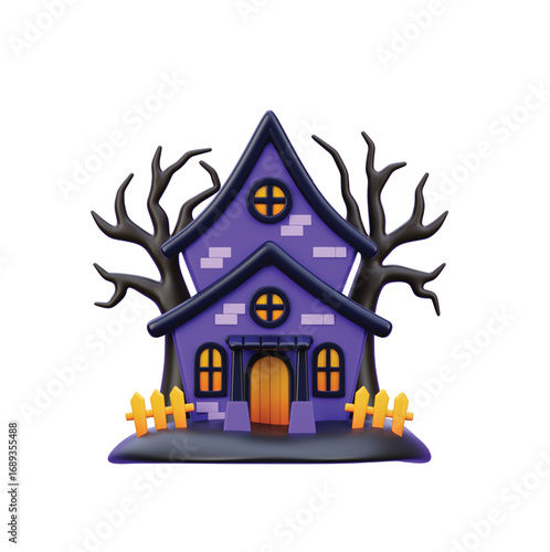 Cartoon haunted mansion with spooky trees and a yellow fence, a cute 3D icon for Halloween celebrations and autumn festivities