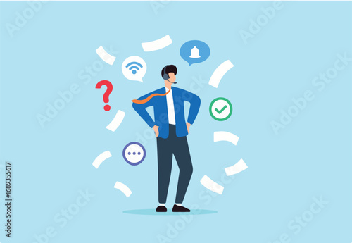 Flat illustration of support specialist reviewing remote tickets with headset in multitasking customer service environment