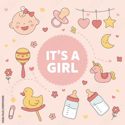 Gender reveal baby girl with elements, vector illustration