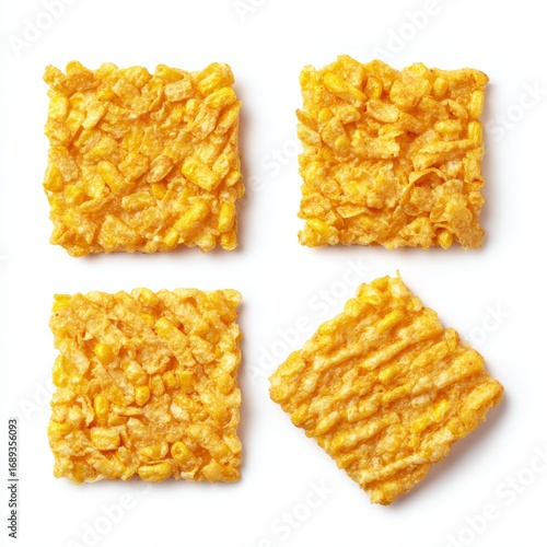 Close-up view of square golden snacks with corn flakes