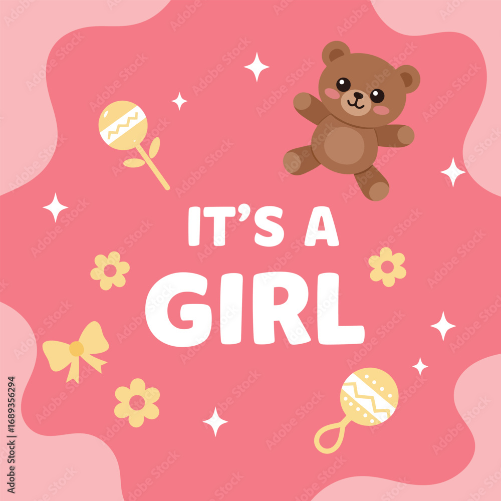 Fototapeta premium Design of it's a girl, gender reveal with pink background vector illustration