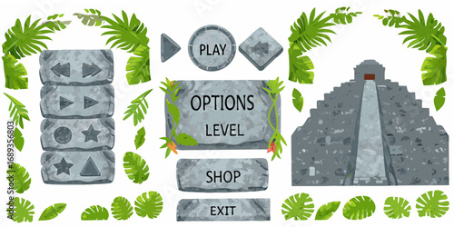 Jungle adventure game interface elements with stone buttons and tropical foliage