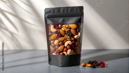 Healthy mixed nuts and dried fruits in a transparent pouch packaging