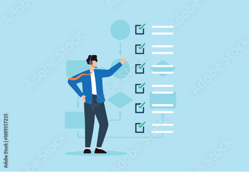 Flat illustration of consultant communicating task checklist during voice call using headset in business workflow system