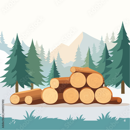 Petit tas de bois, bûches de bois empilées, paysage bucolique, nature, sapins, montagnes, hiver