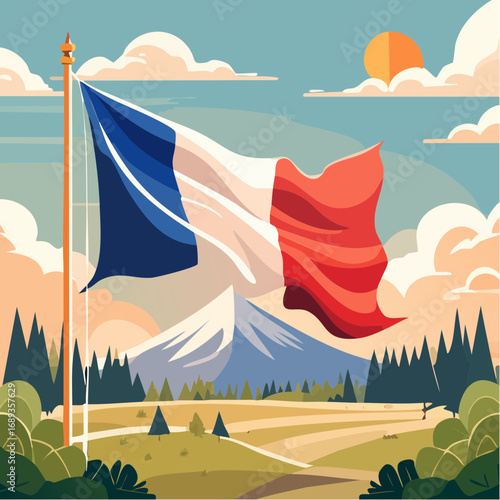 Drapeau français qui vole au vent, dans un décor bucolique, extérieur, nature, campagne