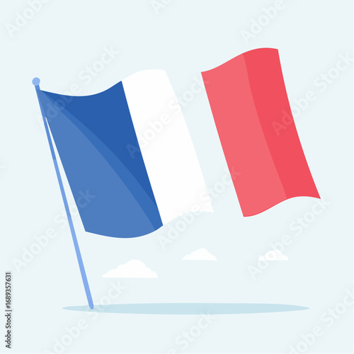 Joli drapeau français qui vole au vent, arrière plan bleu clair uni