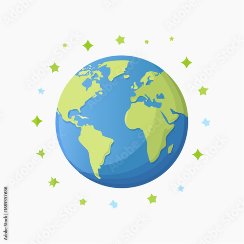 Notre planète Terre, océan bleu, continents verts, entouré de petites étoiles, arrière plan blanc