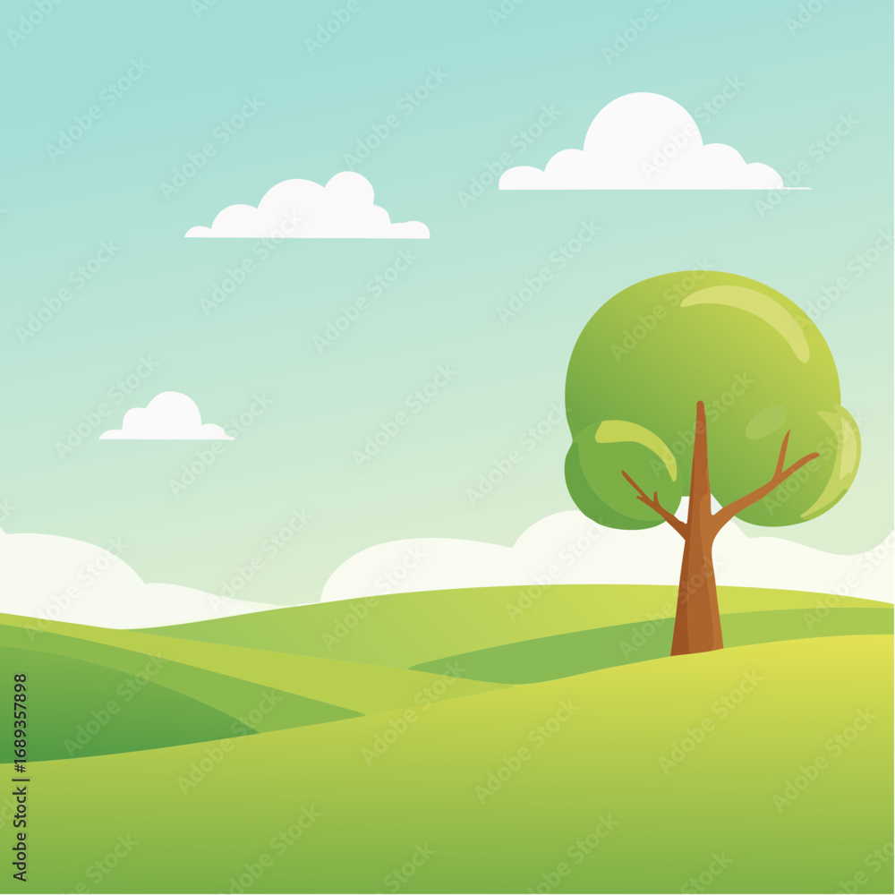 Obraz premium Jolie illustration simple d'un paysage bucolique, nature, un arbre au milieu d'une prairie verdoyante, ciel bleu et quelques nuages éparses, beau temps