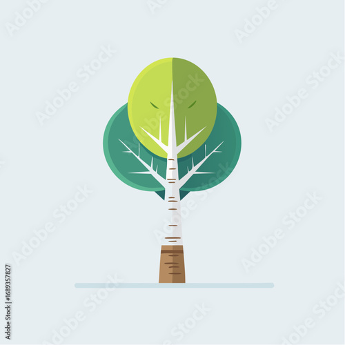 Bel arbre vert au tronc blanc gris, isolé, stylisé, arrière plan clair uni