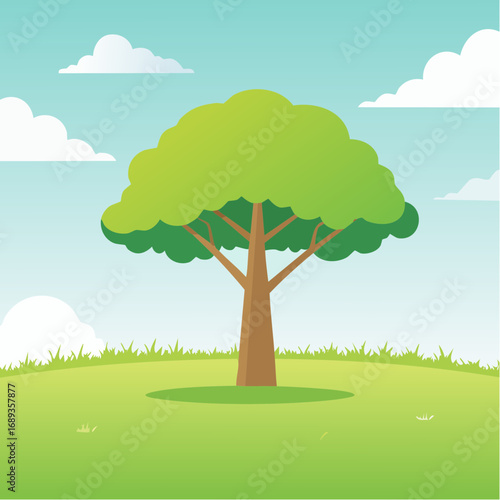 Jolie illustration simple d'un paysage bucolique, nature, un arbre au milieu d'une prairie verdoyante, ciel bleu et quelques nuages éparses, beau temps