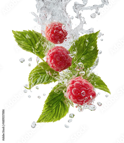 Fresh raspberries with leaves, in water splash