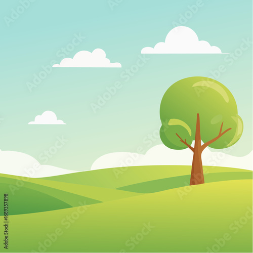 Jolie illustration simple d'un paysage bucolique, nature, un arbre au milieu d'une prairie verdoyante, ciel bleu et quelques nuages éparses, beau temps