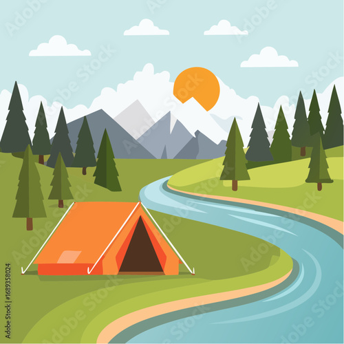 Paysage bucolique, camping sauvage, nature, extérieur, tente,  rivière, montagne, soleil