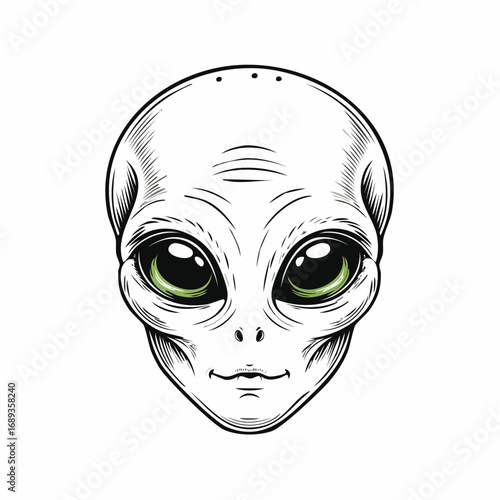 Sublime visage d'alien en gros plan monochrome, yeux verts, extraterrestre, grands yeux oblongues
