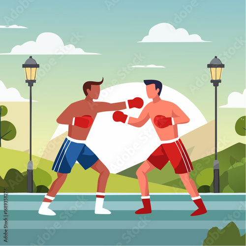 Combat de boxe, illustration naïve, coloré, extérieur