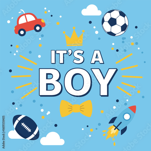 Gender reveal it's a boy design, with car, ball, rocket, vector illustration