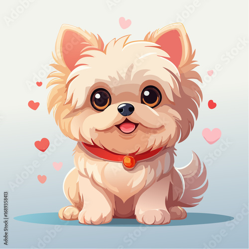 Petite chienne adorable, souriante, blanche entourée de petits coeurs, tendresse