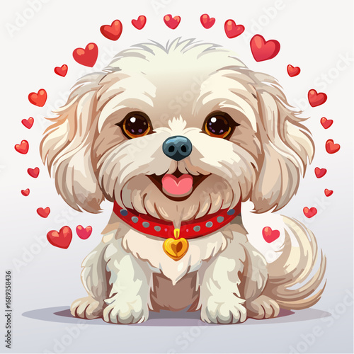 Petite chienne adorable, souriante, blanche entourée de petits coeurs, tendresse