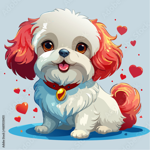 Petite chienne adorable, souriante, blanche entourée de petits coeurs, tendresse