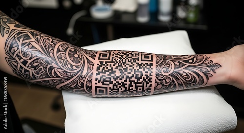 Intricate Tattoo Sleeve with QR Code Design