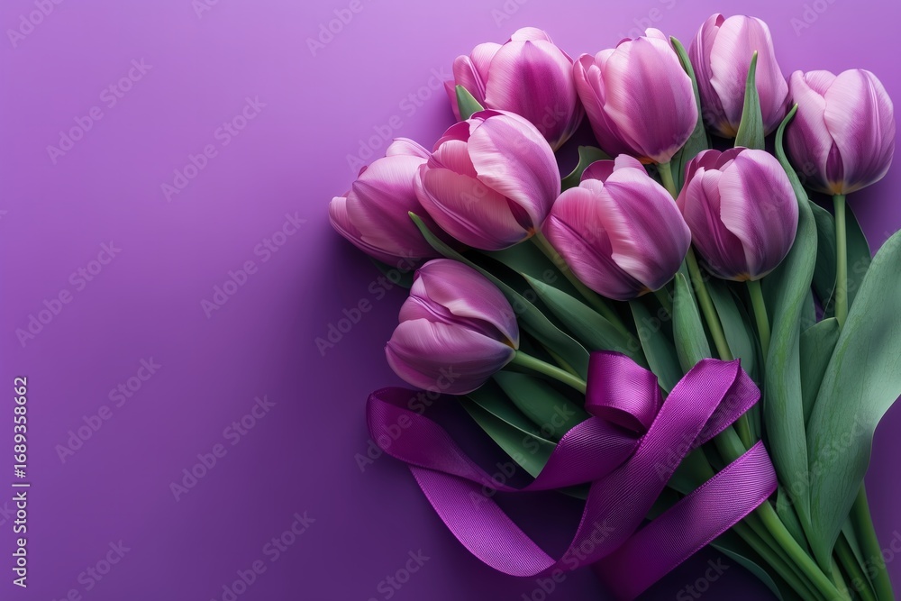 Fototapeta premium A Vibrant Arrangement of Fresh Pink Tulips Tied with a Purple Ribbon Against a Bright Purple Background, Perfect for Celebrating Love and Beauty