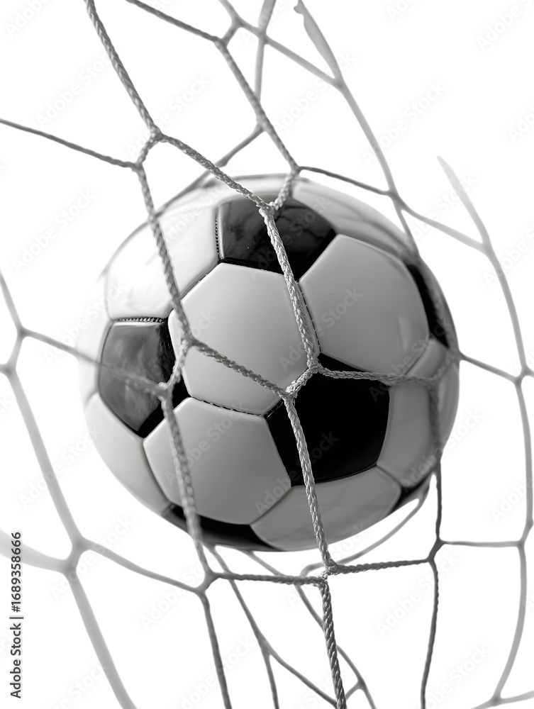 Naklejka premium Soccer Ball in Goal Net, Black and White Sports Photo