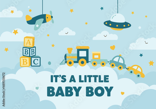 It's a little baby boy, with UFO, plane, and train toys, flat vector illustration