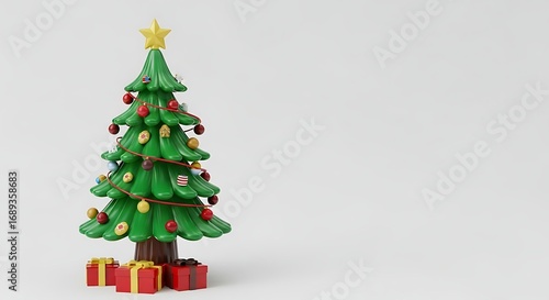 A vibrant, cartoonish 3D Christmas tree, rendered in a bright, cheerful style, stands against a clean white background.
